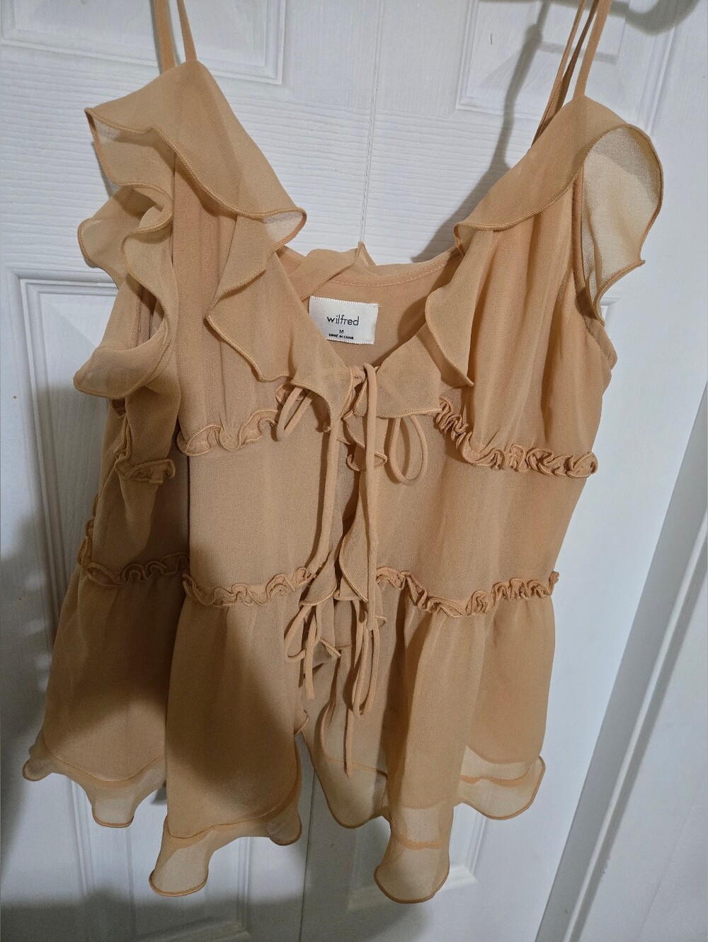 Aritzia Wilfred Sheer Ruffled Tie-Front Tank in Beige